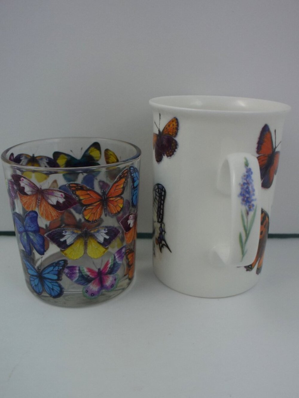 Bone China Cup & Glass Candle Holder featuring Butterfly Patterns